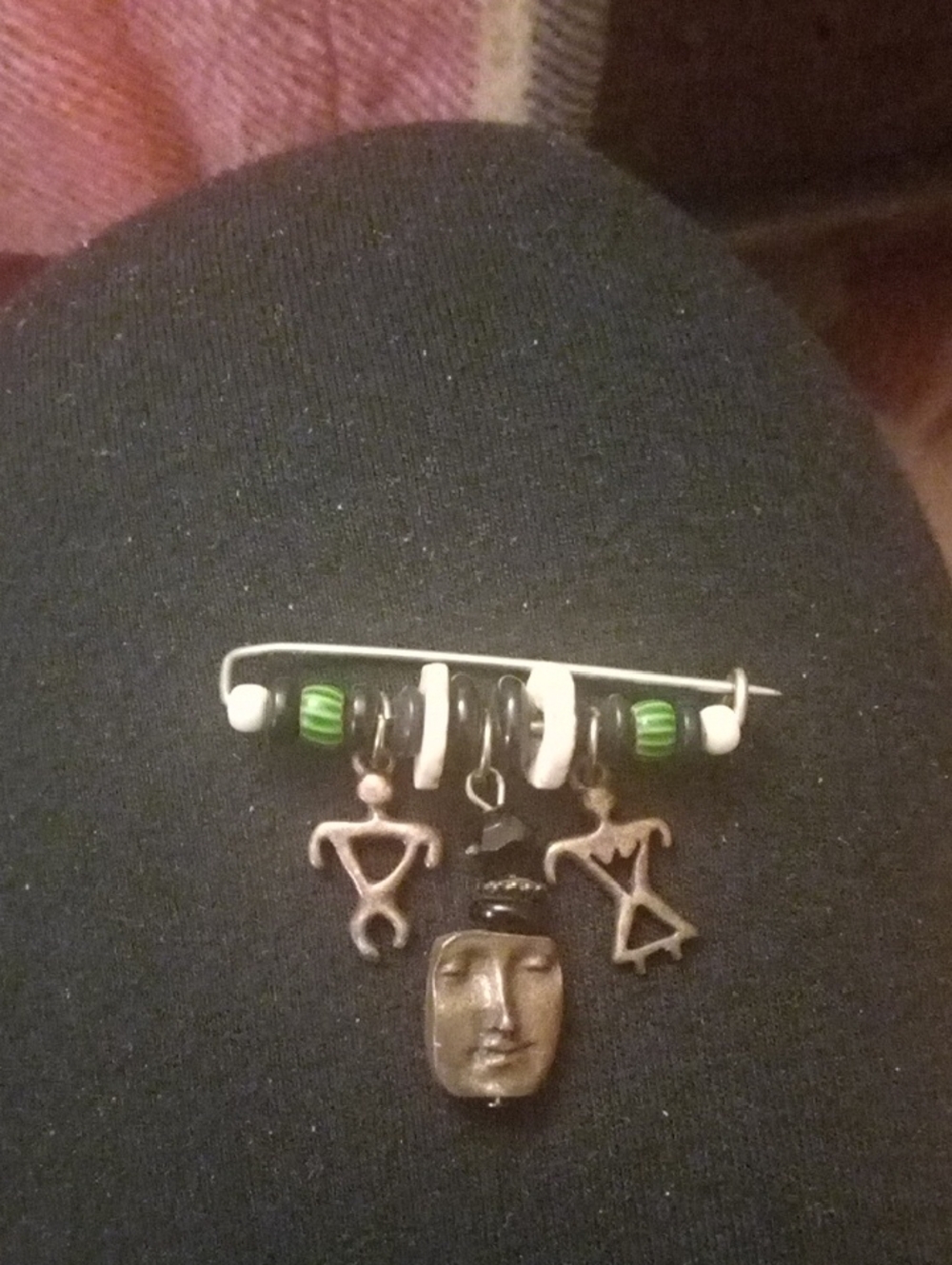Vintage Handcrafted Green and Black Beaded Charm Pin Brooch